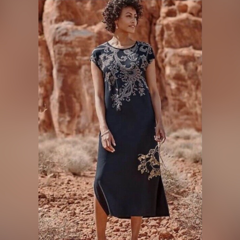 NWOT J. Jill Floral Trellis Embroidered Midi Dress Size S Dark Navy